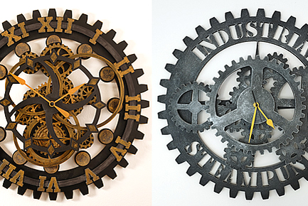 Clock made of plastic and wooden gears